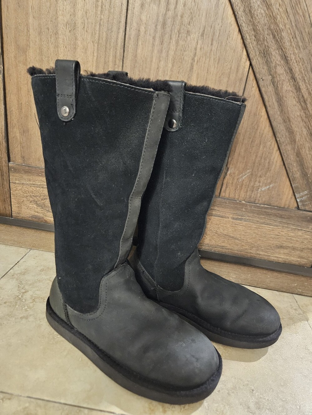 UGG Classic Tall Suede/Leather Boots Black Kids 5 / Fits Women 6